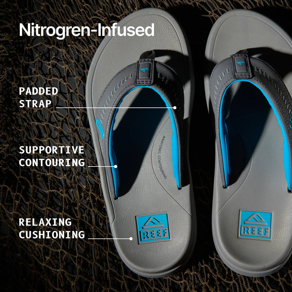 Image of a pair of flip flops with a net in the background, with text that says "Nitrogen-Infused", "Padded Strap", "Supportive Contouring" on the footbed, and "Relaxing Cushioning" on the heel