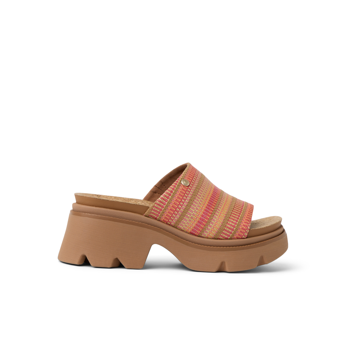 Vista Luxe Evie women's right-facing sandal with multi-colored raffia upper and cushioned platform sole for beach comfort.