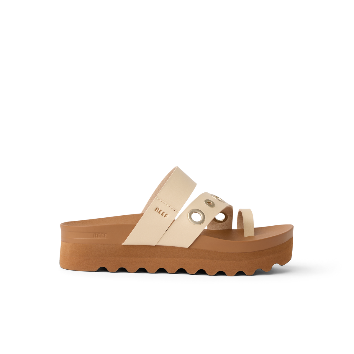 Vista Hi Layla women's sandal facing left, featuring layered sole, anatomical arch support, and soft cushioning for beach comfort.