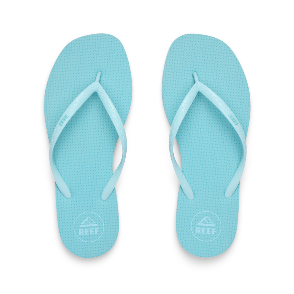 Top view of women's Seaside Square Toe aqua haze flip flops, featuring soft-rebound cushioning and anatomical arch support.