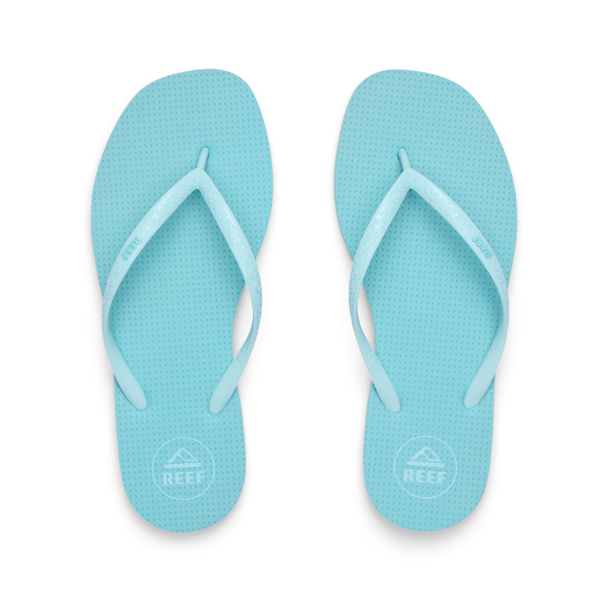 Top view of women's Seaside Square Toe aqua haze flip flops, featuring soft-rebound cushioning and anatomical arch support.