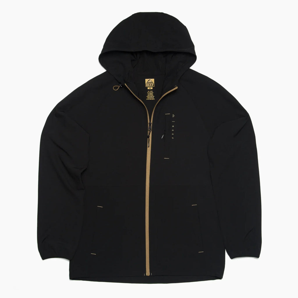 Garvey Full Zip Jacket in black with tan zipper, front chest pocket, and hood, shown flat for full detail view.