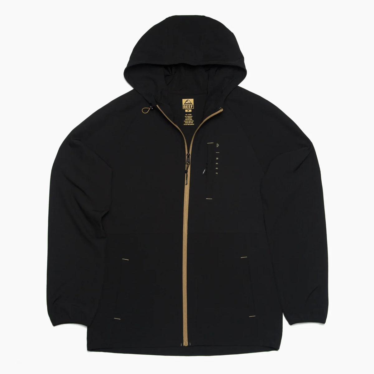 Garvey Full Zip Jacket in black with tan zipper, front chest pocket, and hood, shown flat for full detail view.