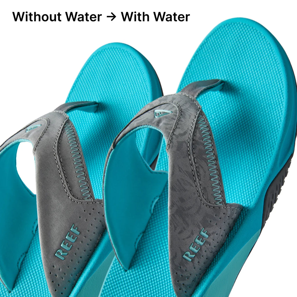 Fanning men's sandals facing right, close-up of straps and footbeds showing aqua color and water-friendly design