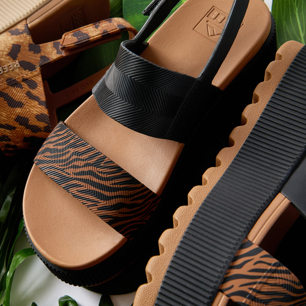 Close-up of the front and side of Water Vista Higher women's sandals facing right, featuring comfort and beach-inspired design.