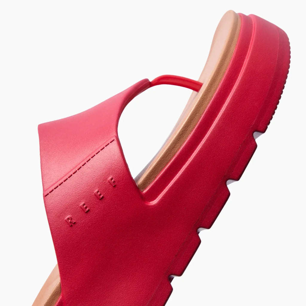 Cali Laguna women's red platform sandal close-up on side showing soft-rebound cushioned footbed and water-friendly sole