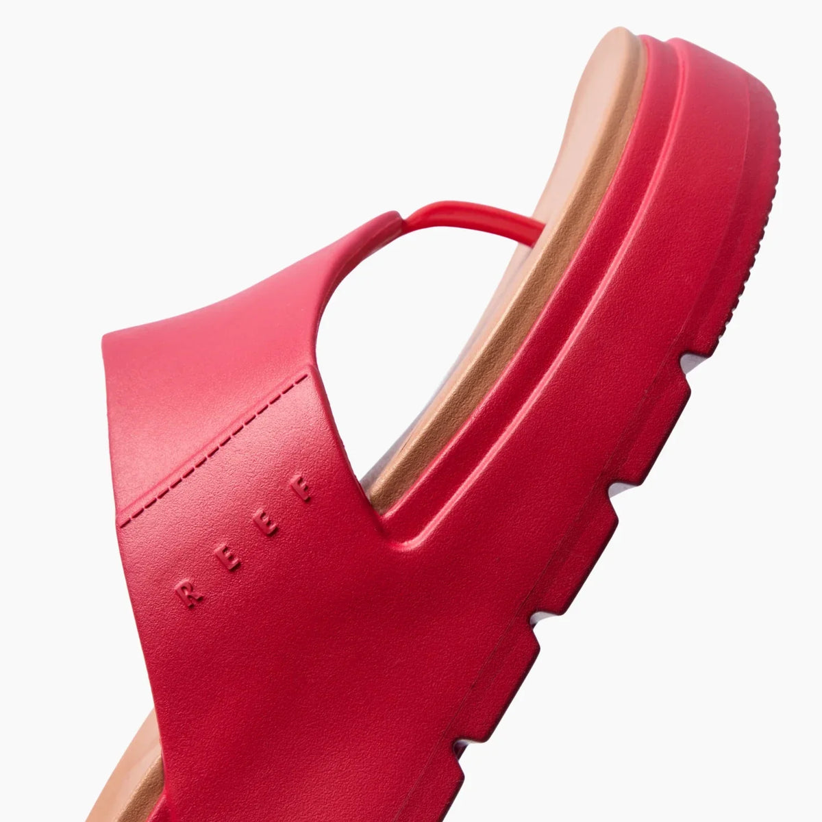 Cali Laguna women's red platform sandal close-up on side showing soft-rebound cushioned footbed and water-friendly sole
