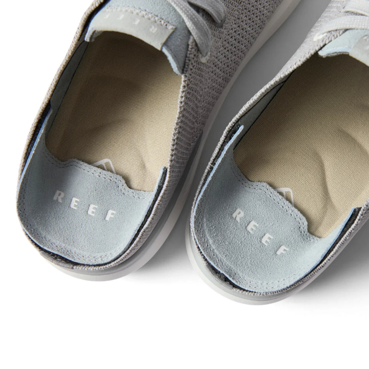Close-up view of the heel area on men's grey Neptune HT sneakers with cushioned footbed and anatomical arch support.
