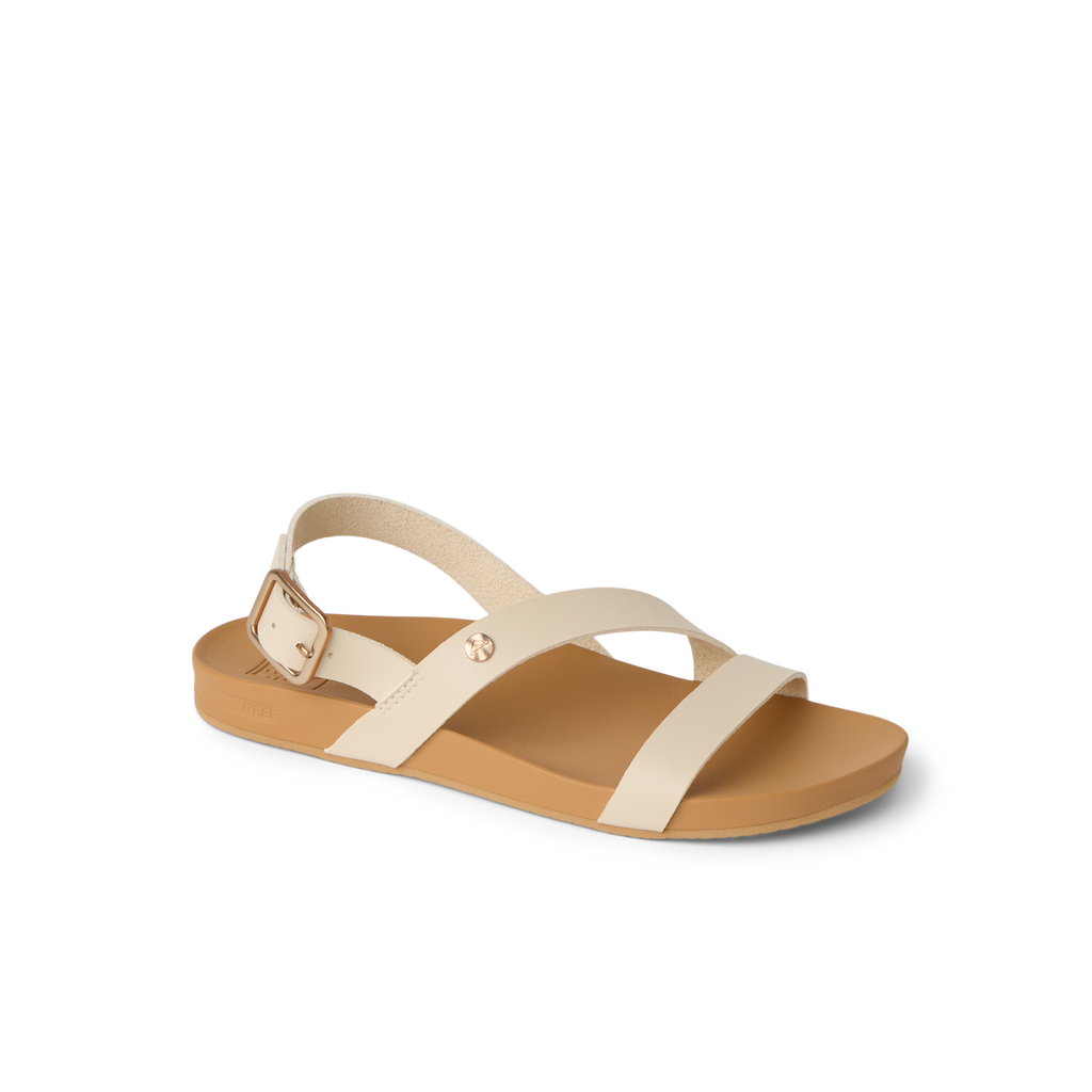 Vista Isabella women's sandal facing right, close-up of straps and cushioned footbed, beach-inspired comfort design.