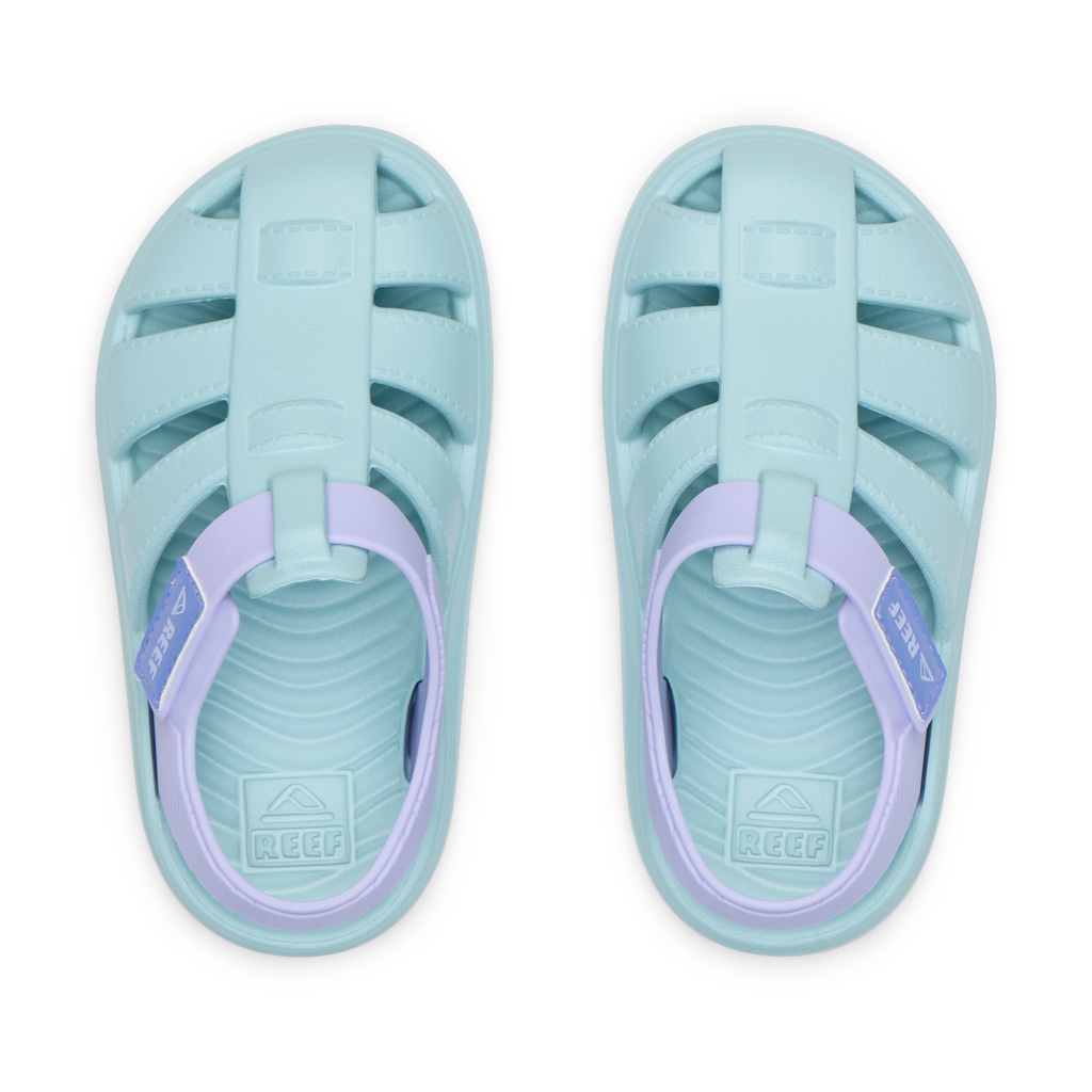 Little Totally Beachin girls' sandals facing up, water-friendly with cushioned footbeds and arch support for beach comfort.