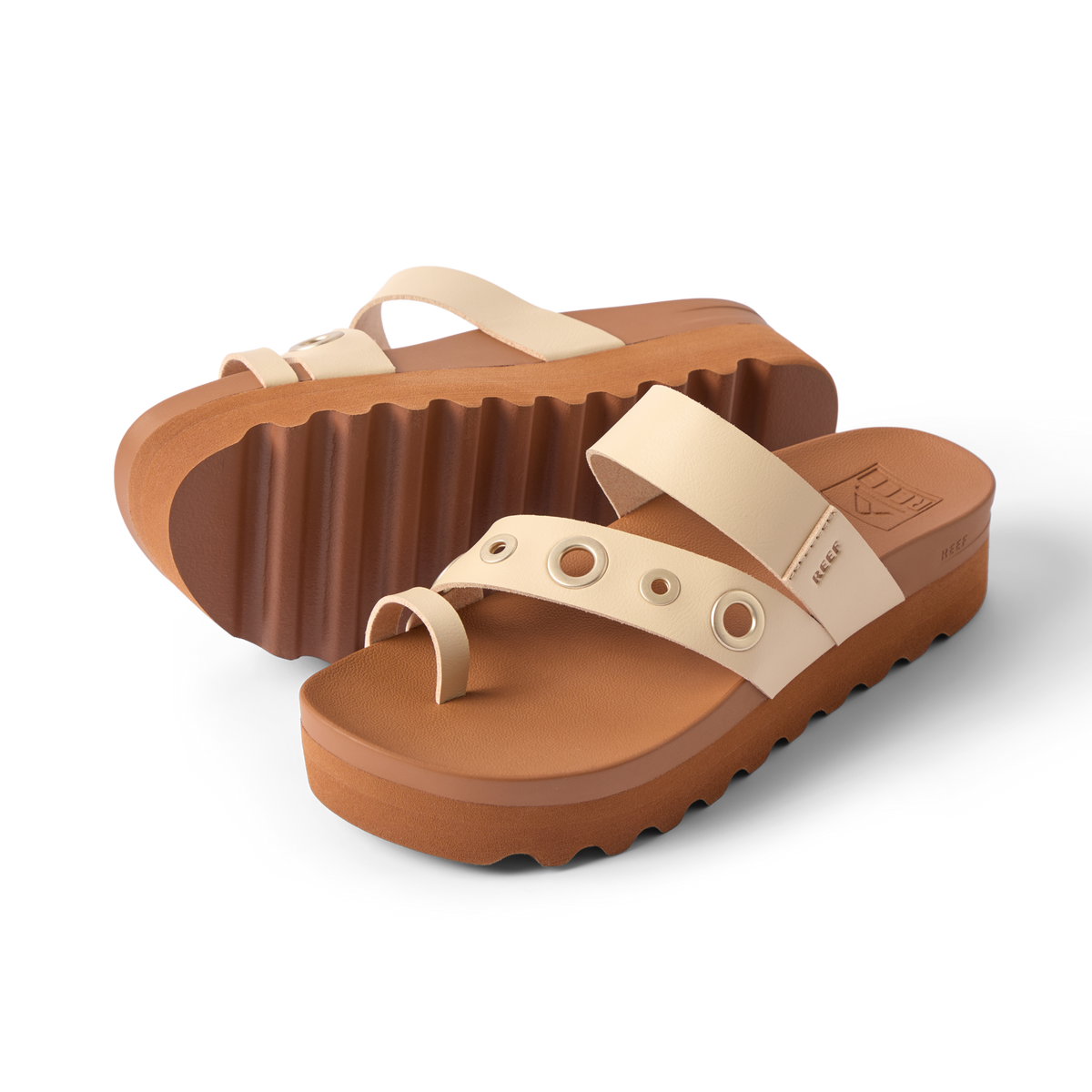 Vista Hi Layla women's sandals showing top and side view, beige straps, cushioned platform, facing right with textured sole visible