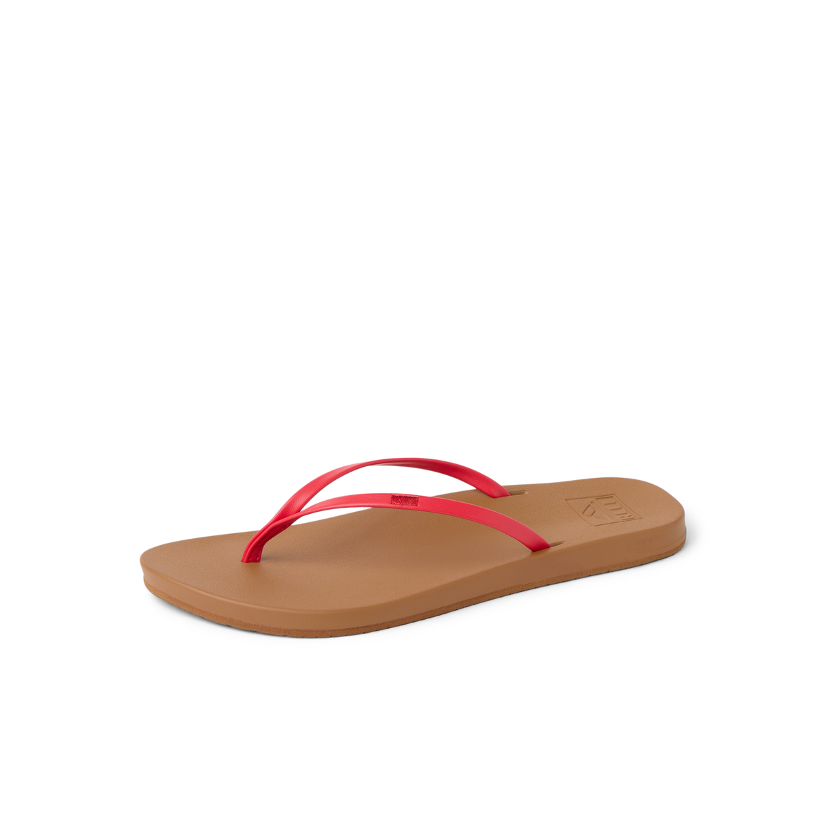 Cushion Slim women's sandal facing left with tan sole and red slim straps, featuring soft-rebound cushioning and arch support.