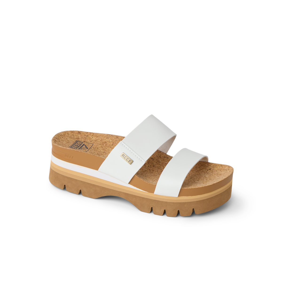 Cushion Vista Higher sandal facing left, showing upper straps and cork footbed with arch support for beach comfort.