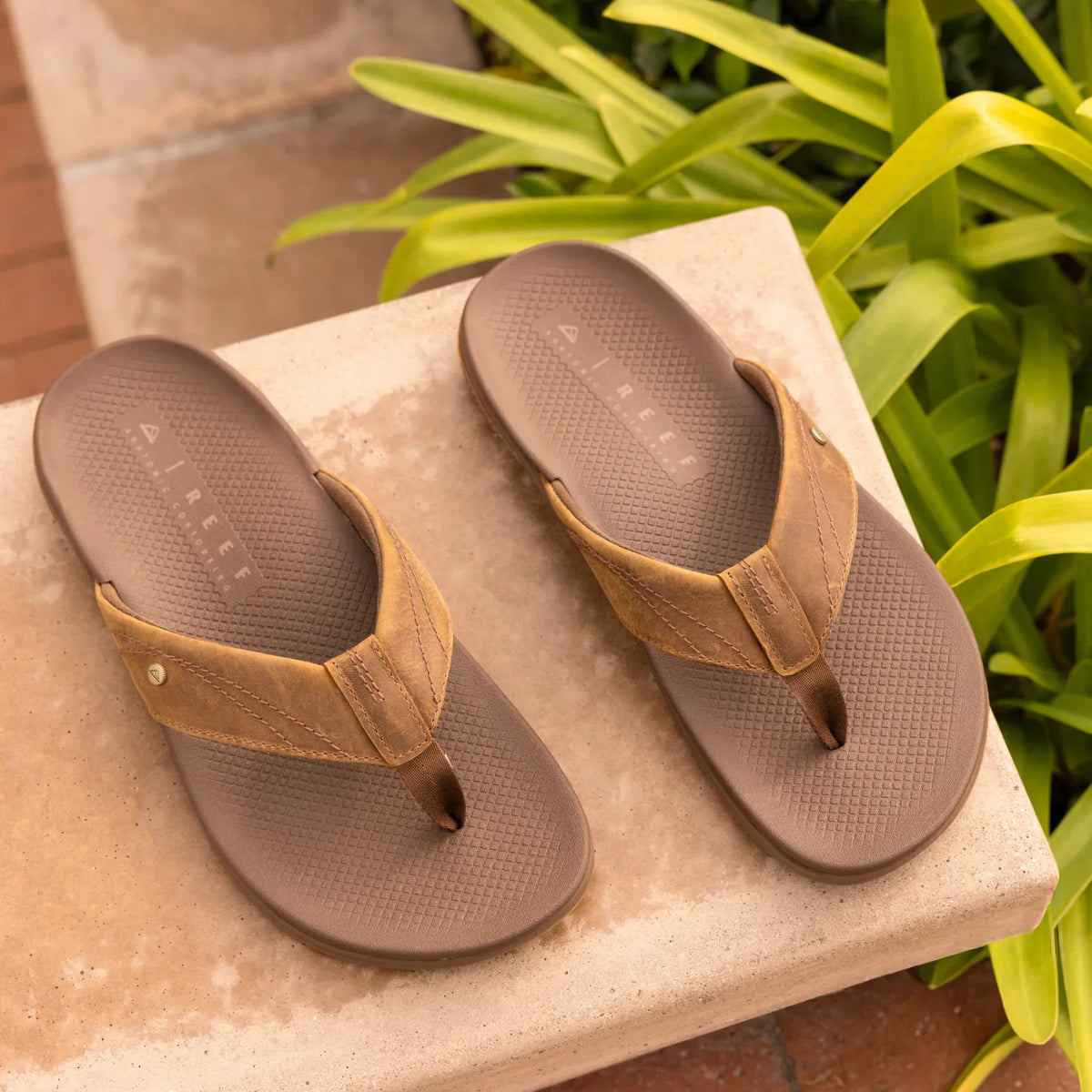 Phantom Lux men's sandals facing up, showing top with cushioned footbed and soft-rebound cushioning for beach comfort