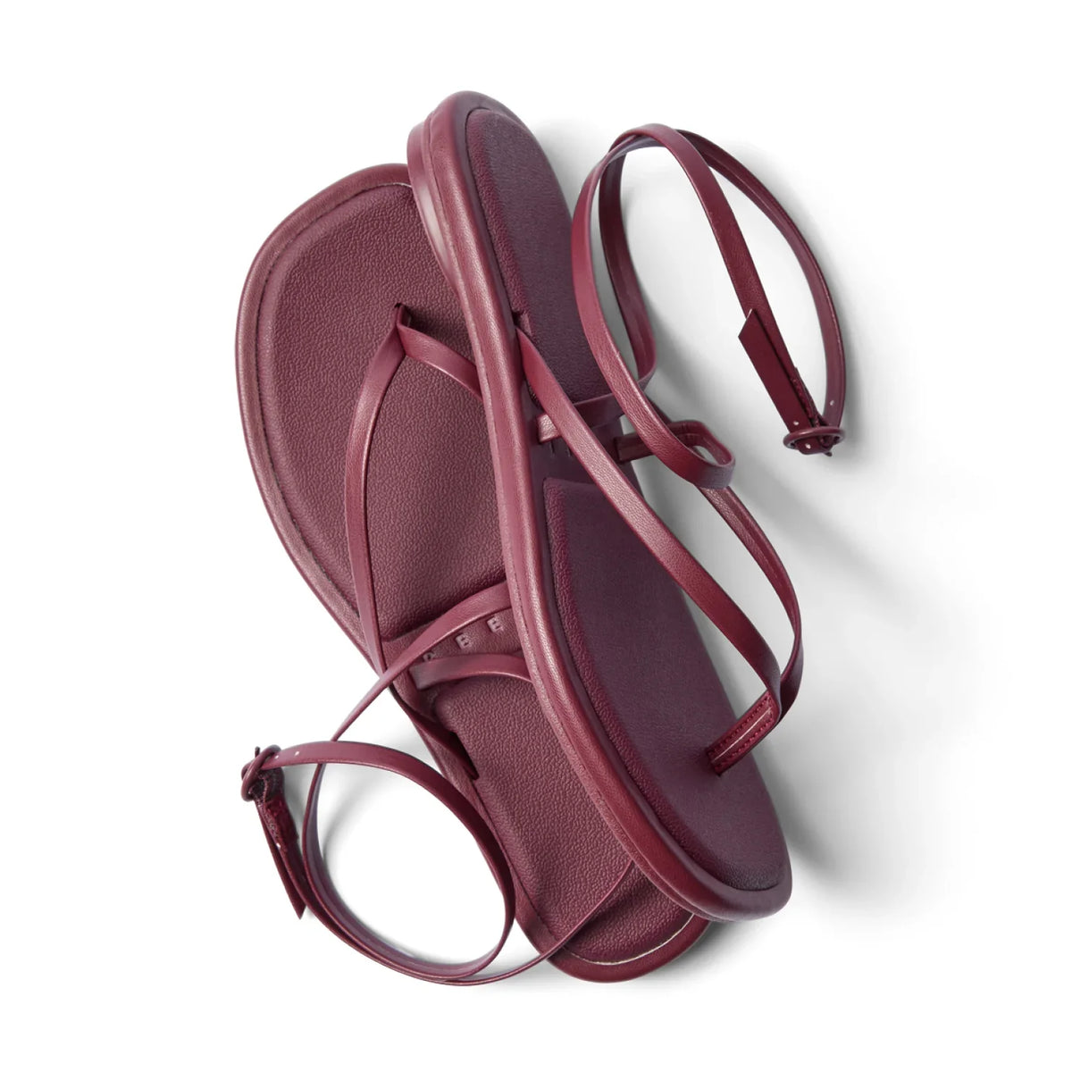 Willow Quinn sandals top view with sleek burgundy vegan straps, cushioned footbed, and anatomical arch support for comfort