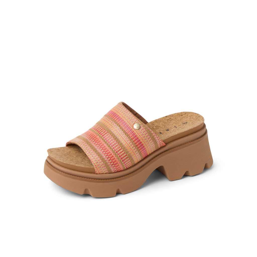 Vista Luxe Evie women's platform sandal facing right, close-up of multi-colored water-friendly upper and cushioned sole.