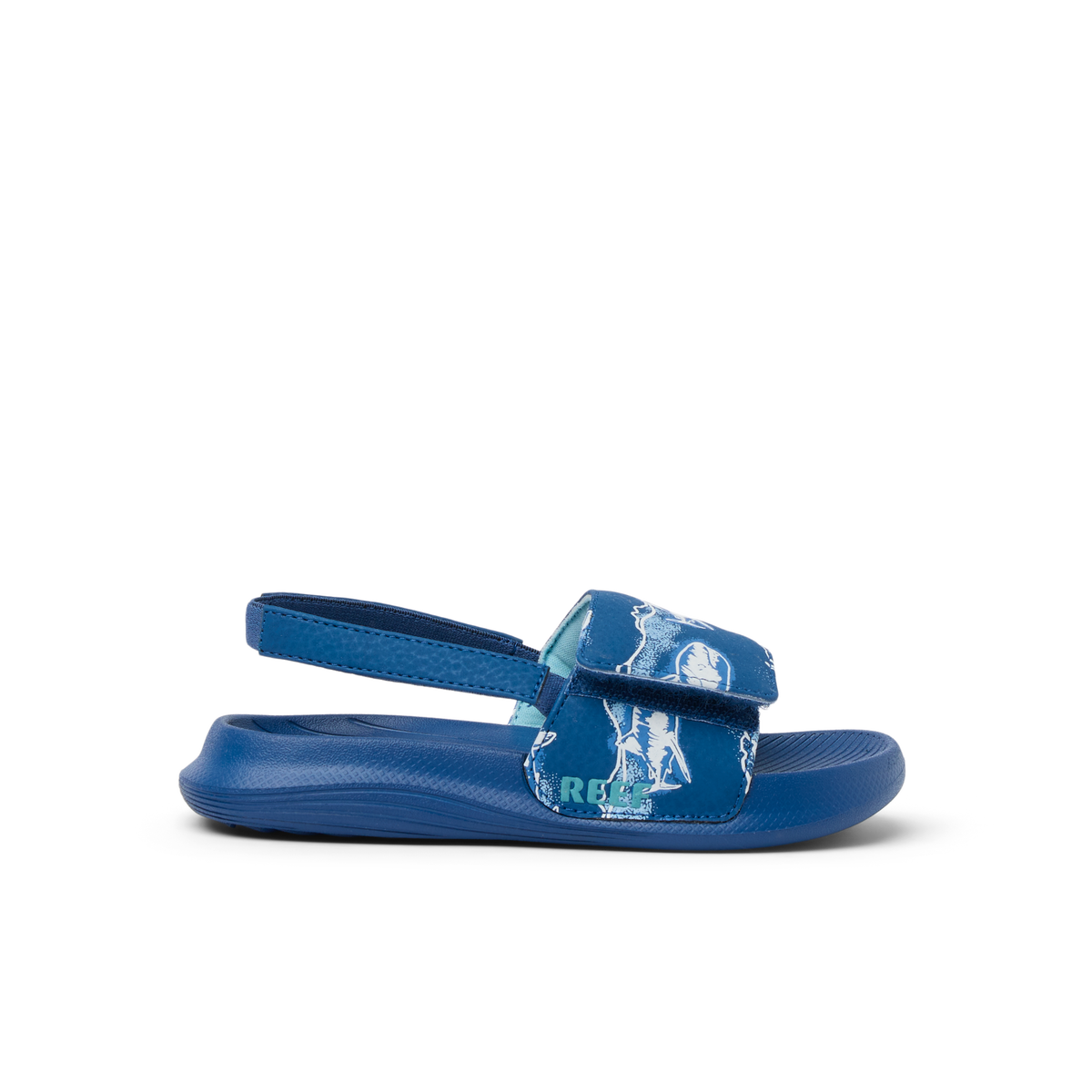 Little Salty Slide boys’ sandal facing left, close-up side view with cushioned footbed and adjustable strap for comfort.