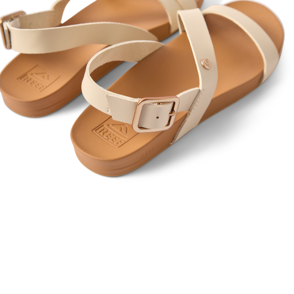 Vista Isabella women's sandals facing right, close-up of buckle and straps, beach-inspired comfort with arch support and cushioning.