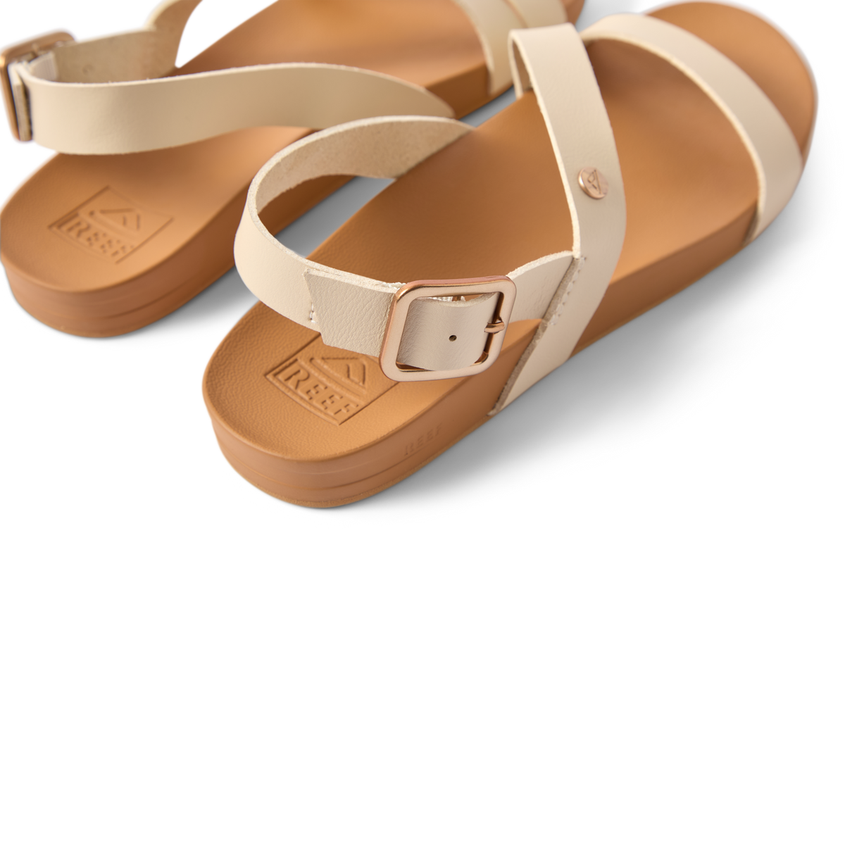 Vista Isabella women's sandals facing right, close-up of buckle and straps, beach-inspired comfort with arch support and cushioning.