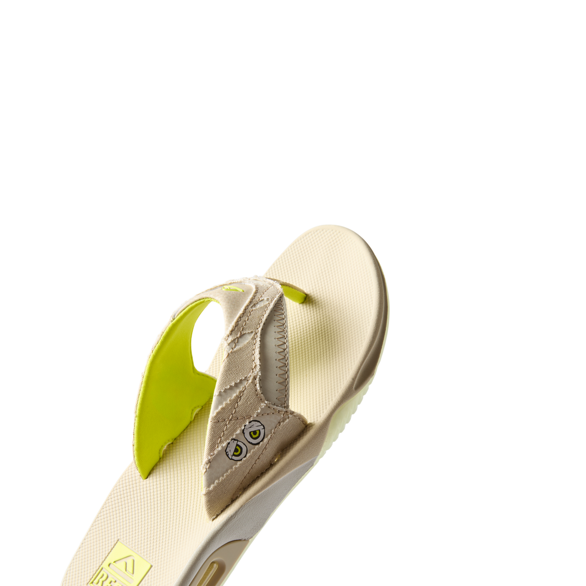 Fanning men's sandal facing right, close-up of the top and side with soft cushioning and arch support details
