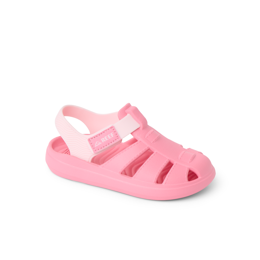 Little Totally Beachin pink girls’ sandal facing right, close-up of front and side with cushioned sole and arch support