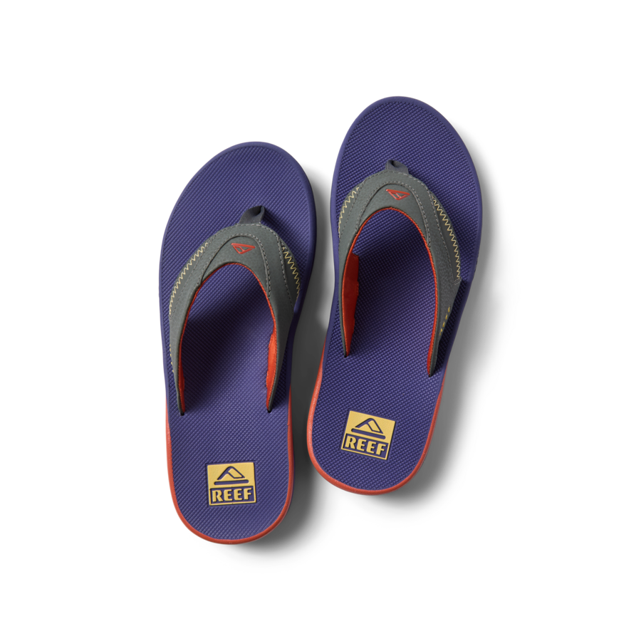 Top view of men's Fanning flip flops in purple with gray straps, featuring anatomical arch support and soft cushioning.