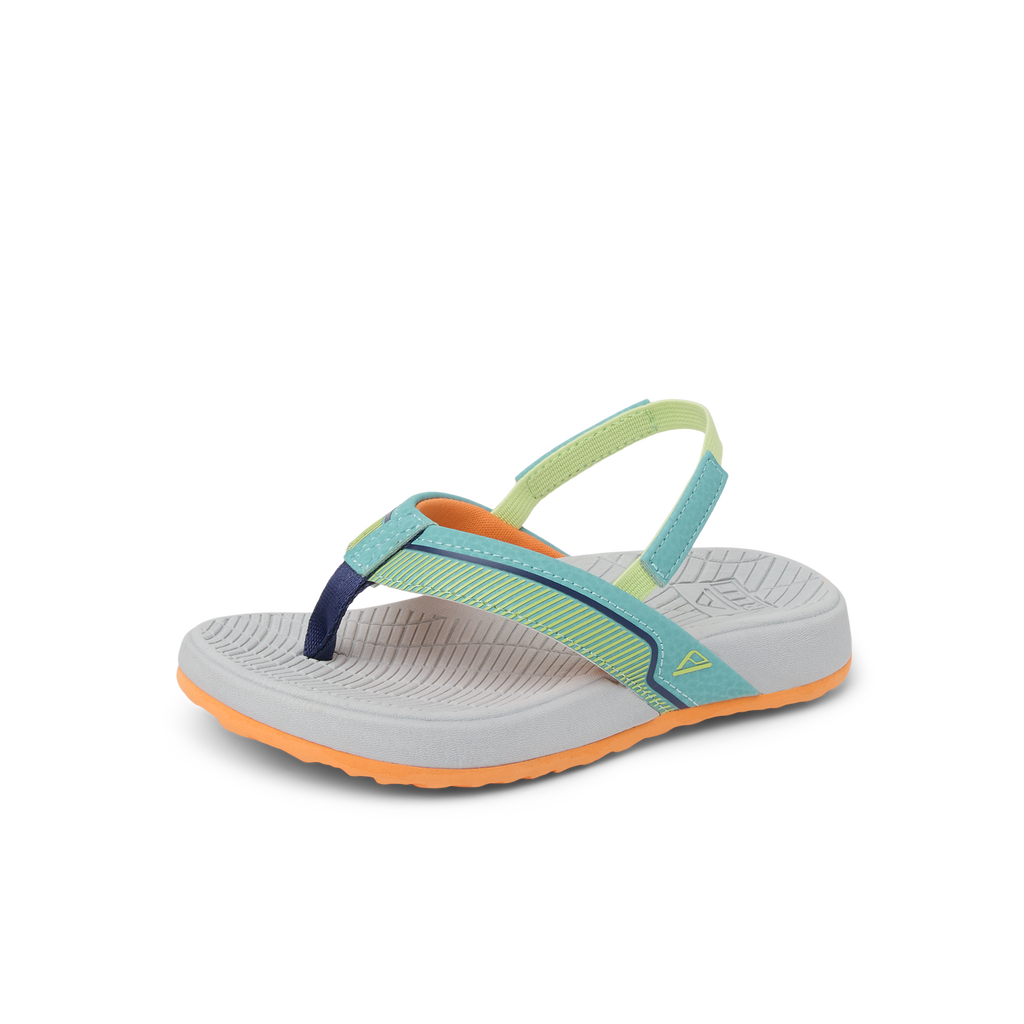 Little Windswell kids’ right-facing sandal with cushioned footbed, arch support, and water-friendly straps in grey and blue.