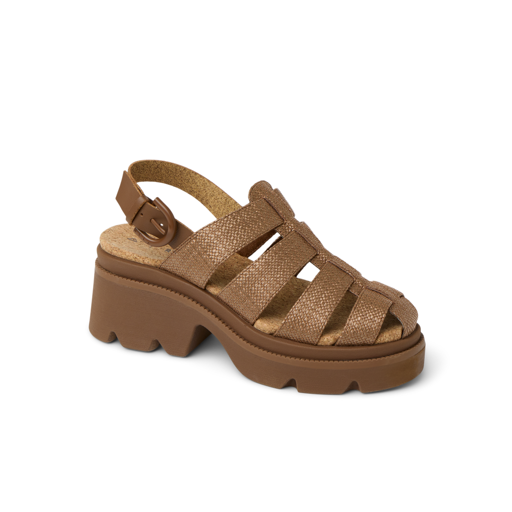 Vista Luxe Lucie women's sandal facing right, close-up on cushioned platform sole and textured straps in chocolate raffia