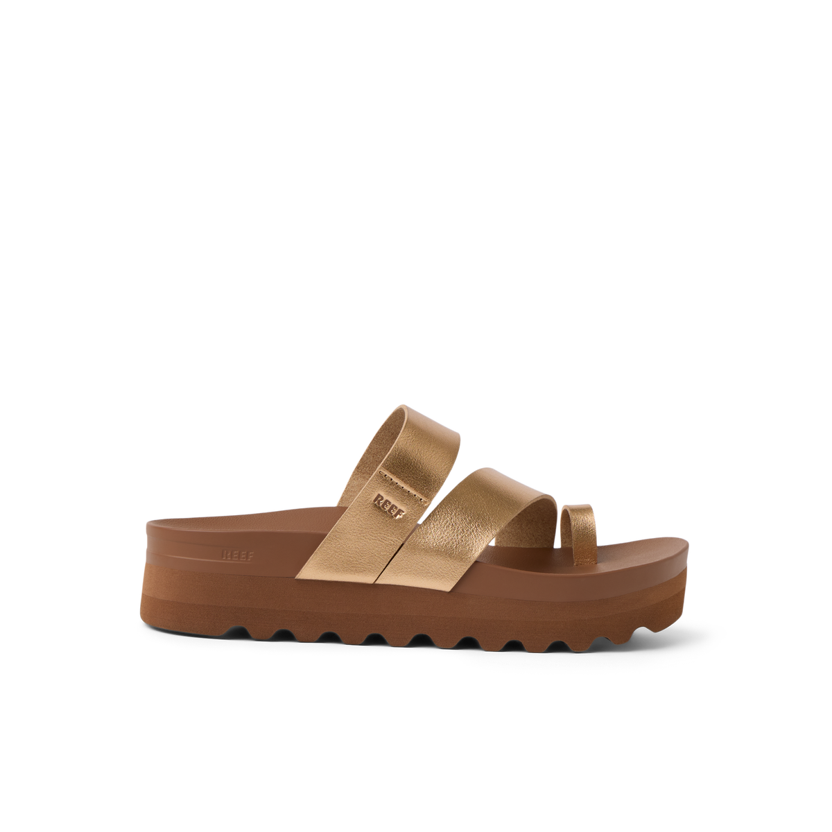 Vista Hi Layla sandal facing right, showing metallic bronze straps and cushioned platform sole for beach comfort.