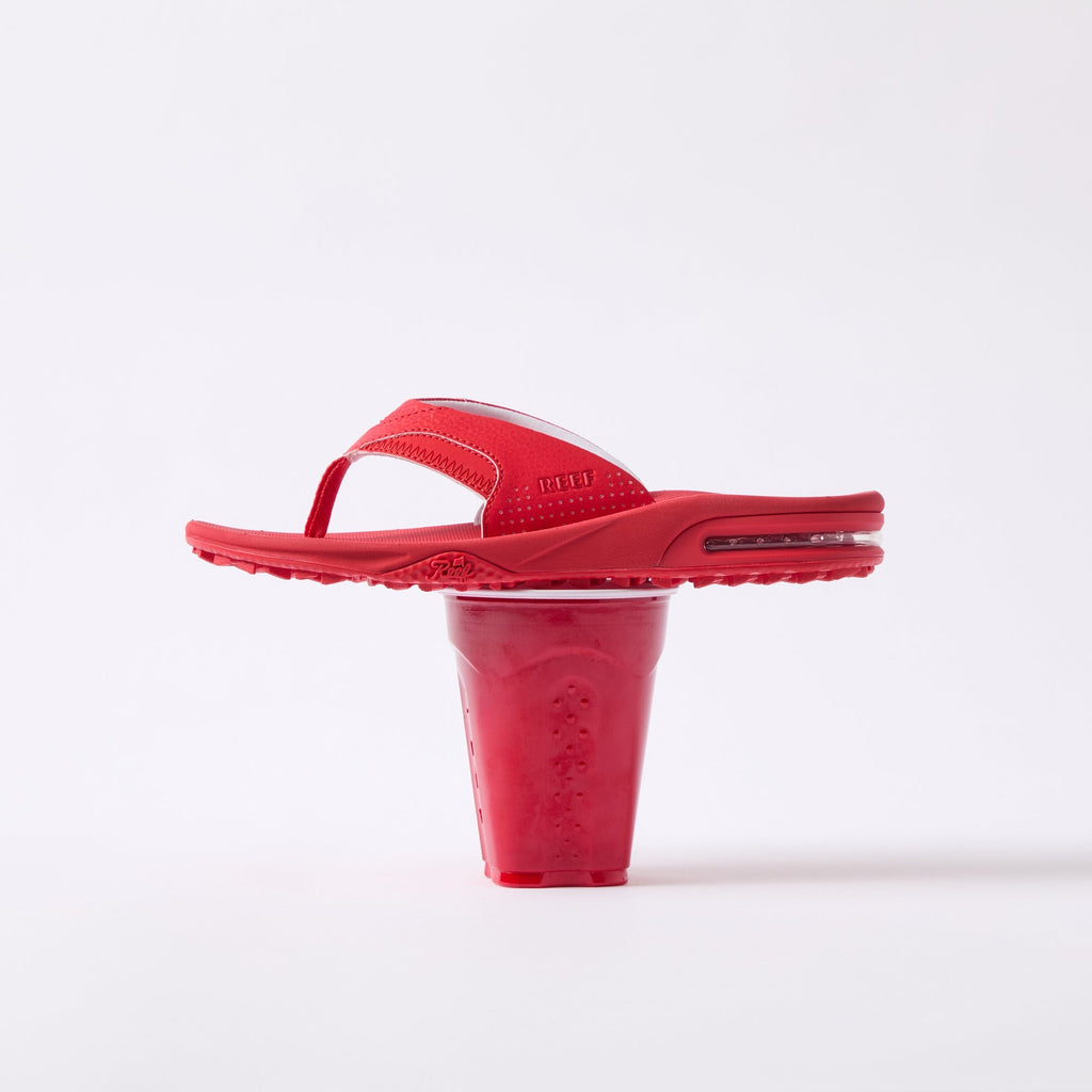 Fanning Pregame red men's sandal facing left showing side profile with soft-rebound cushioning and arch support