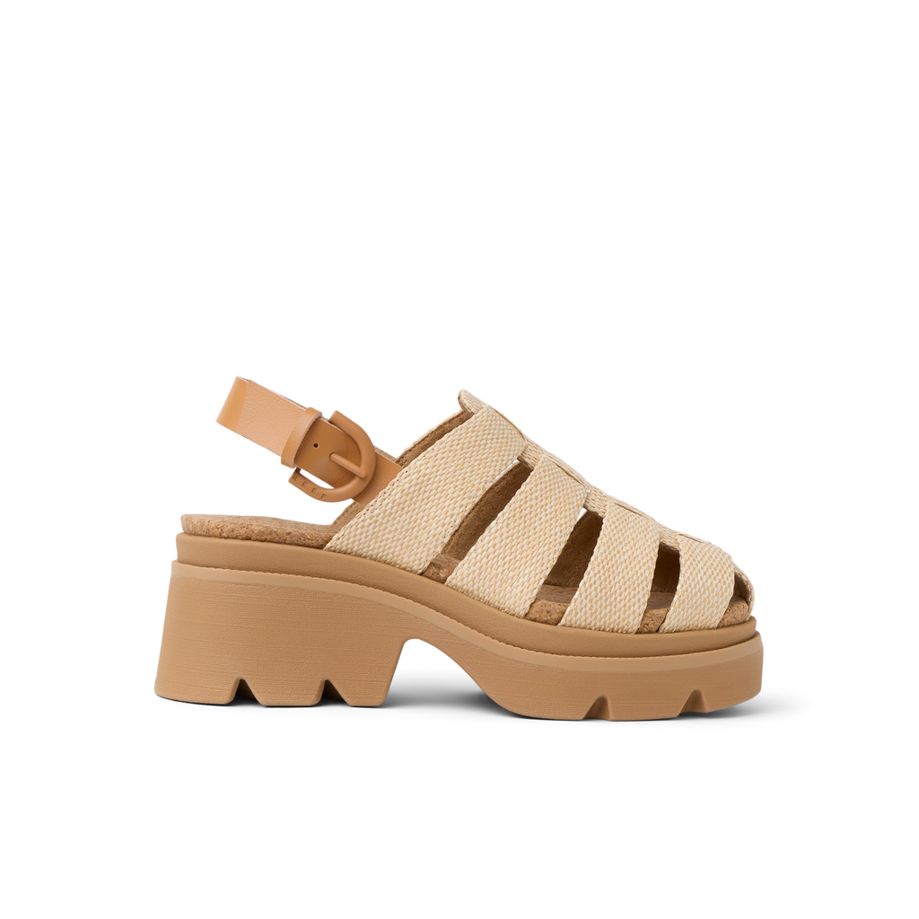 Vista Luxe Lucie women's sandal facing left, close-up of side view with cushioned platform and woven straps.