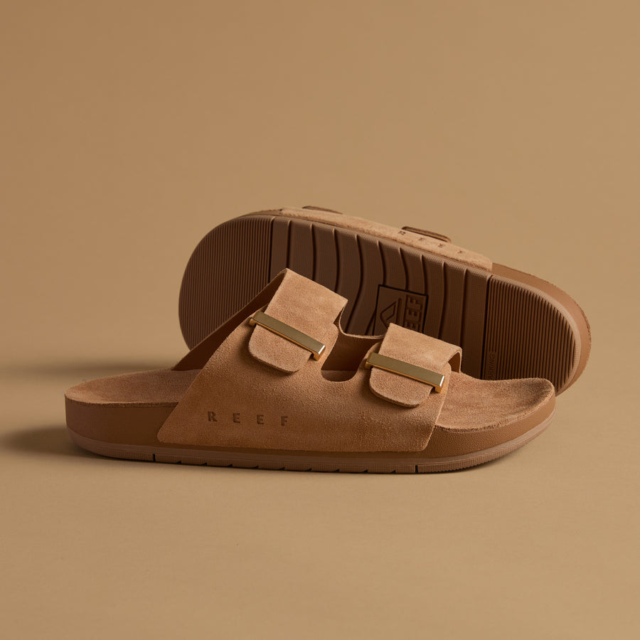 Ojai Two Bar women's tan sandals facing right with dual straps, soft cushioning, and durable slip-resistant sole visible.
