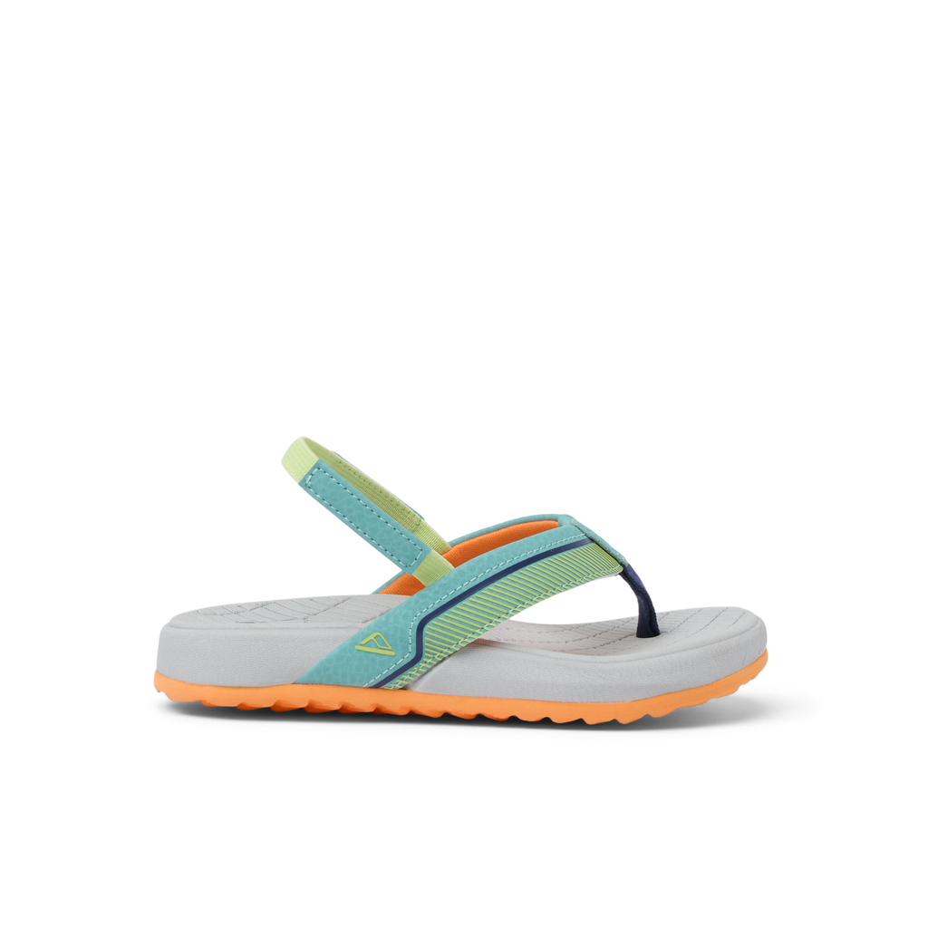 Little Windswell boys' grey and orange flip flop facing right, showing side with arch support and cushioning.