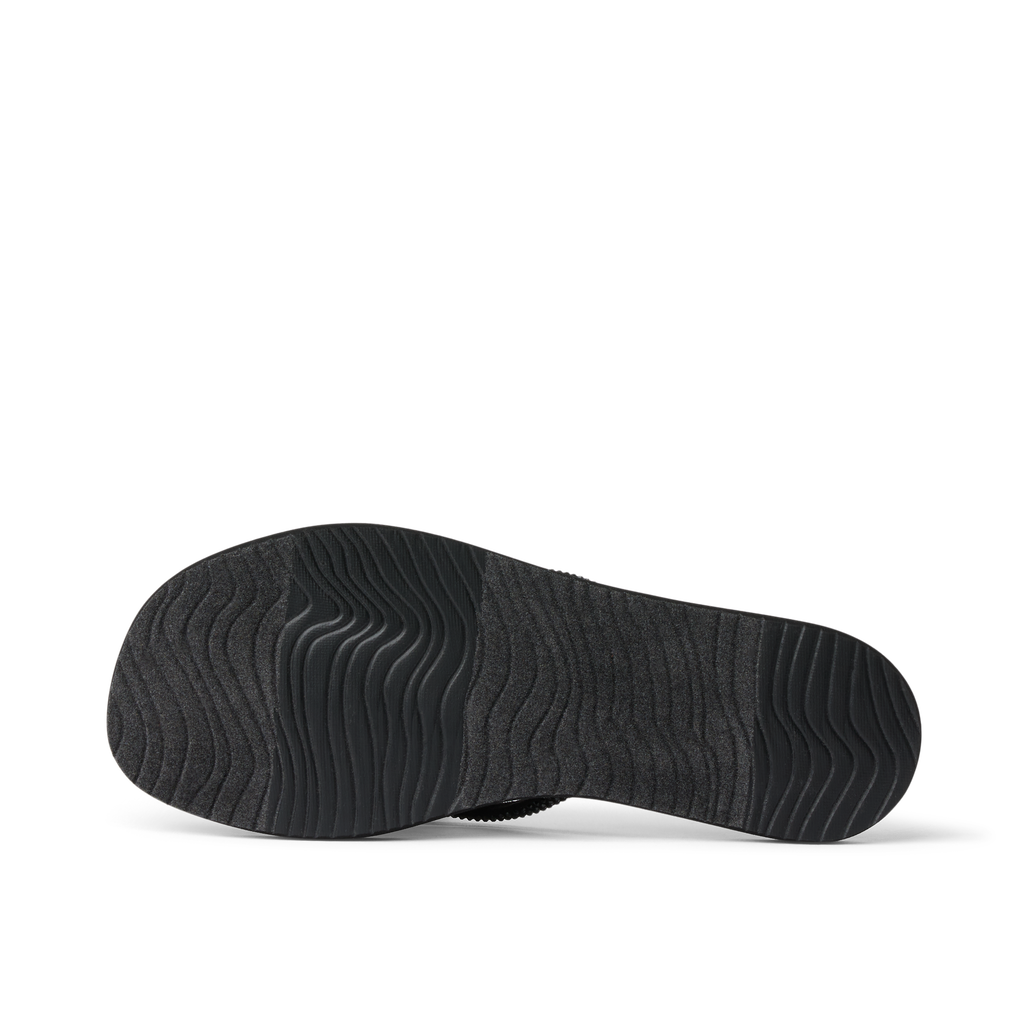 Bliss Bling Fling women’s shoe bottom sole facing up showing textured grip for comfort and durability, beach-inspired design