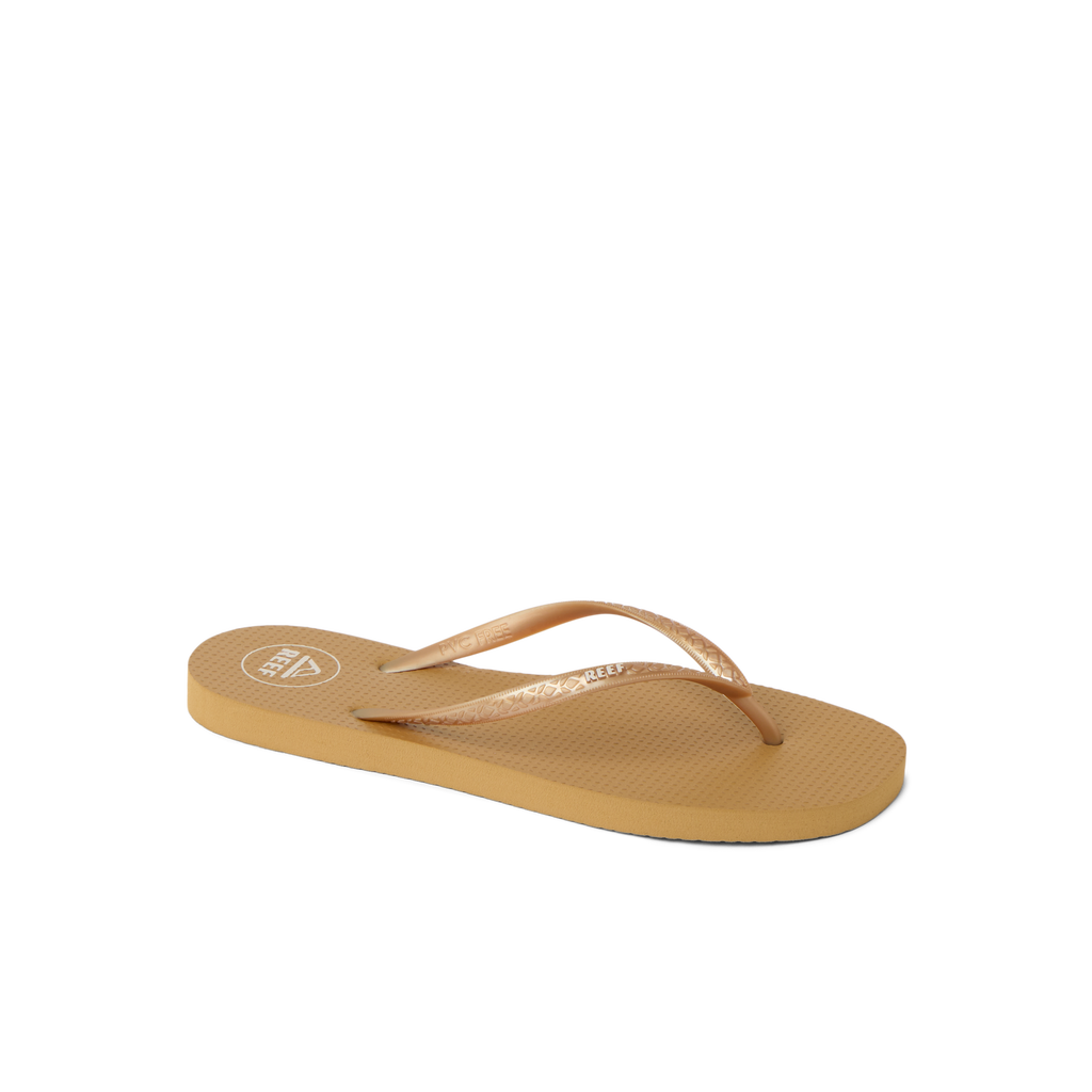 Seaside Square Toe women's flip flop facing right with metallic copper straps, surf-inspired comfort and durable design.