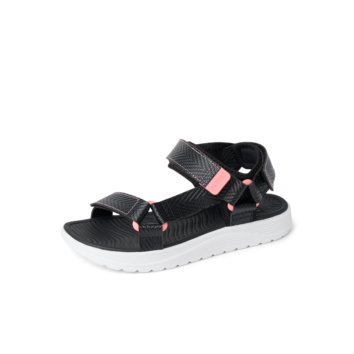 Kids Shoremazing sandal facing left, showing top and side straps with cushioned arch support and white sole.