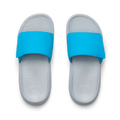 Top-down view of Kids Salty Slide in grey and blue facing upward, showing molded footbeds with arch support and cushioning.