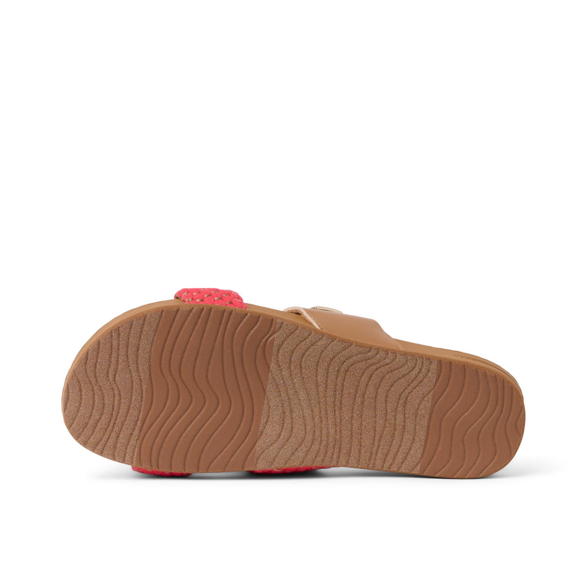 Cushion Vista women’s sandal sole facing up, showing durable, water-friendly tread and arch support design.