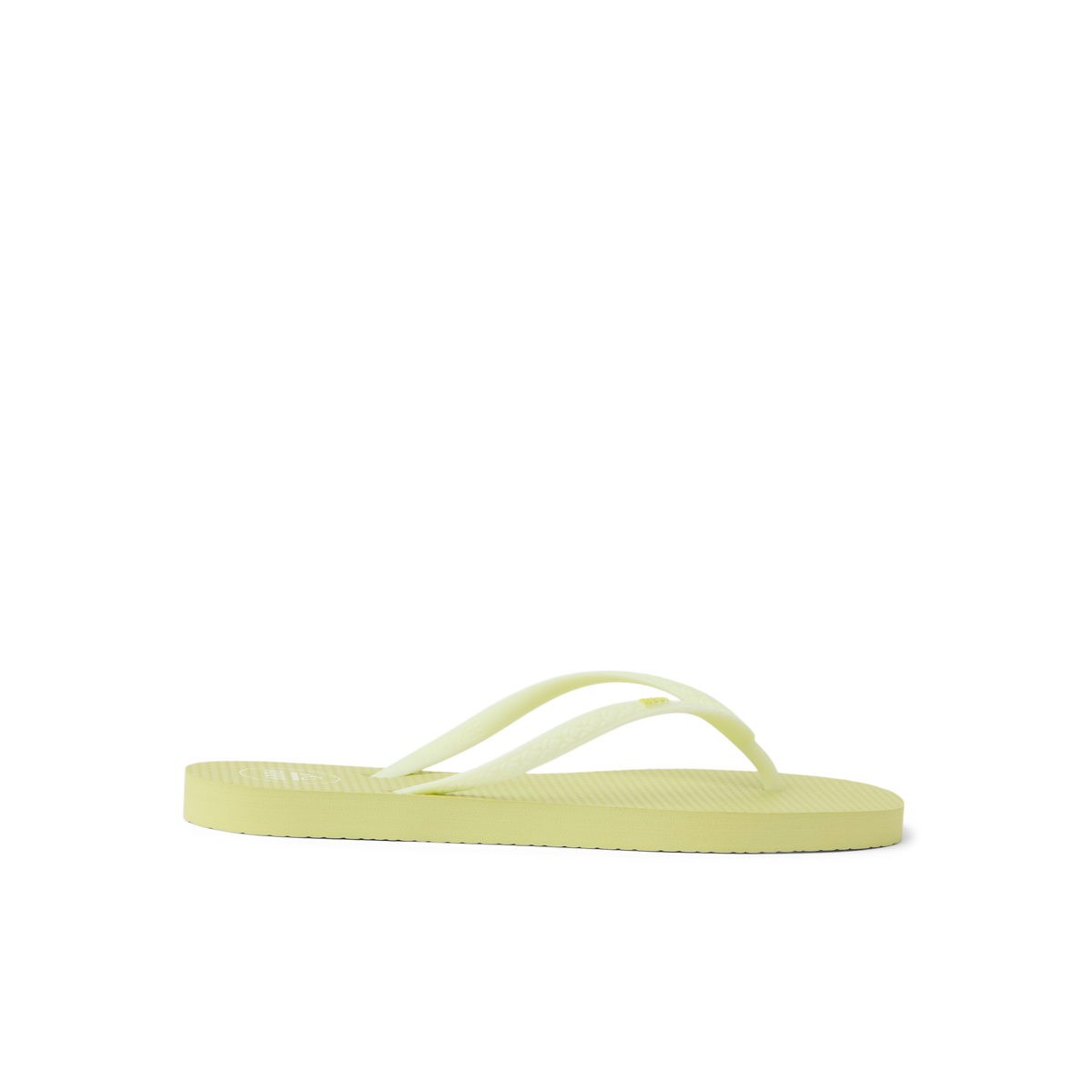 Seaside Square Toe women's lime sherbet flip flop facing right, showing side profile with cushioned sole for beach comfort