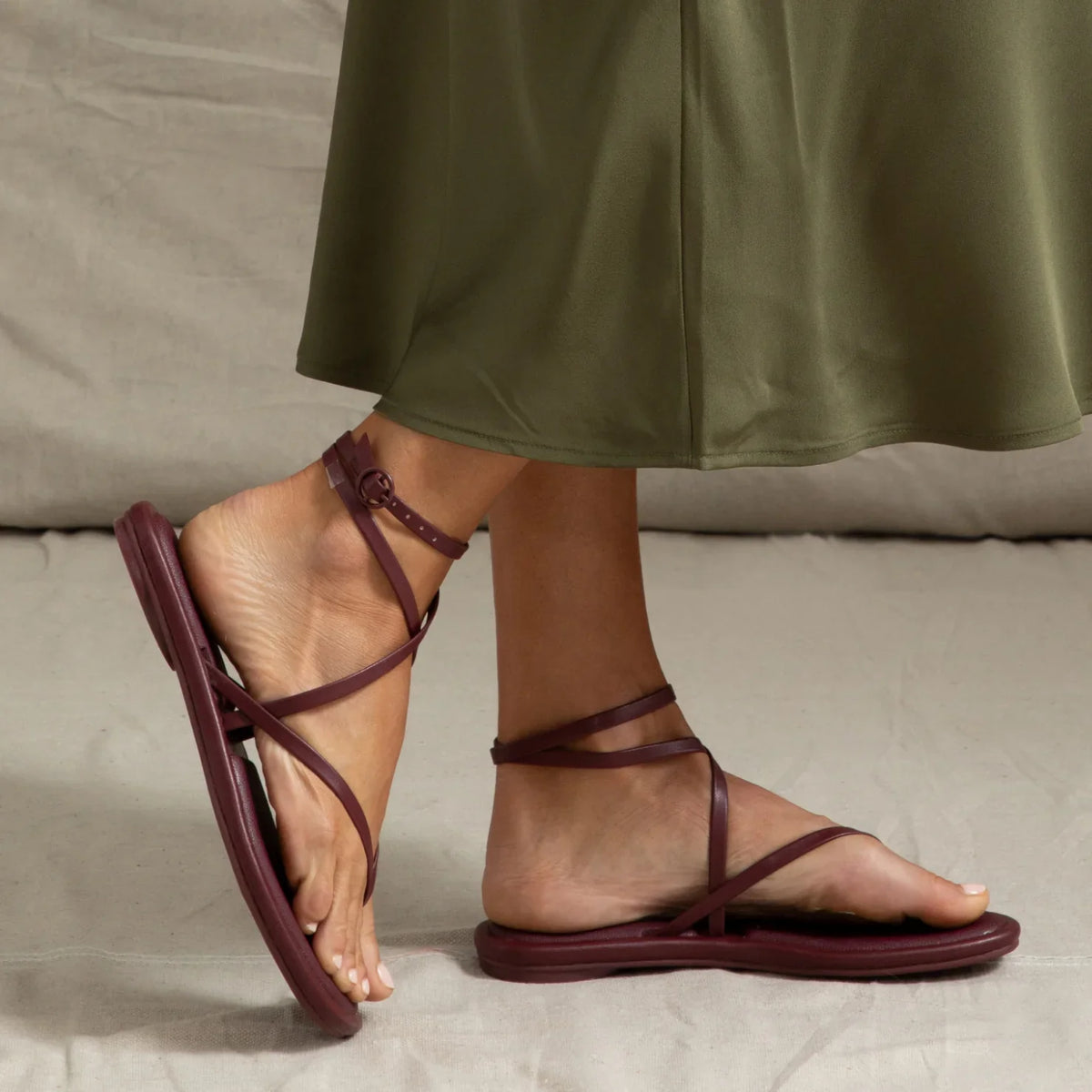 Willow Quinn sandal facing left with sleek burgundy vegan straps, cushioned sole, and anatomical arch support for all-day comfort