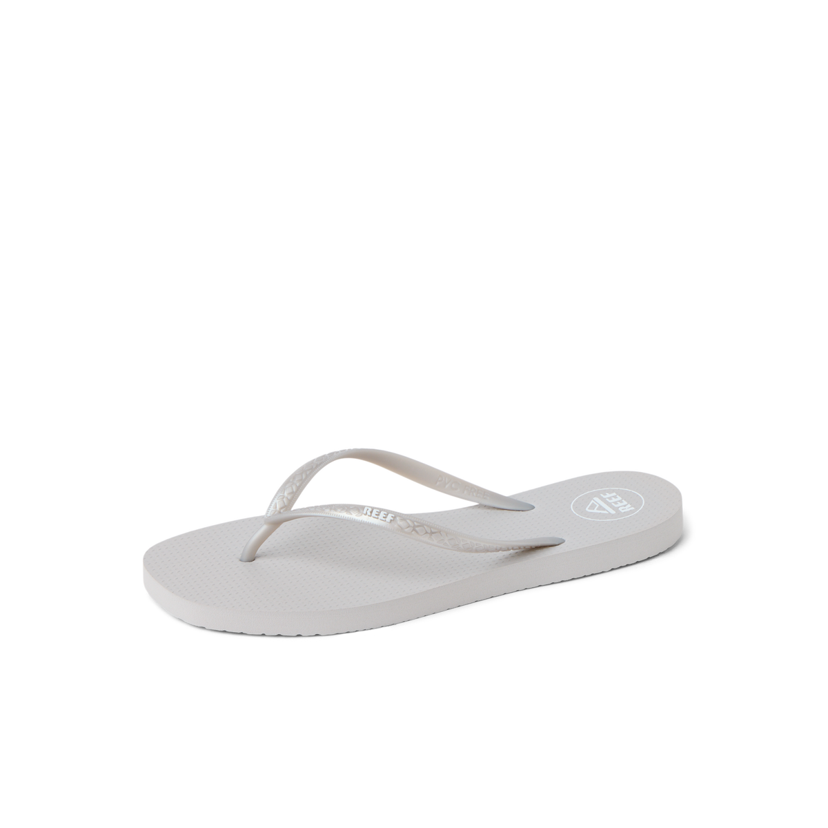 Seaside Square Toe women's silver metallic flip flop facing right, close-up on front with arch support and cushioning