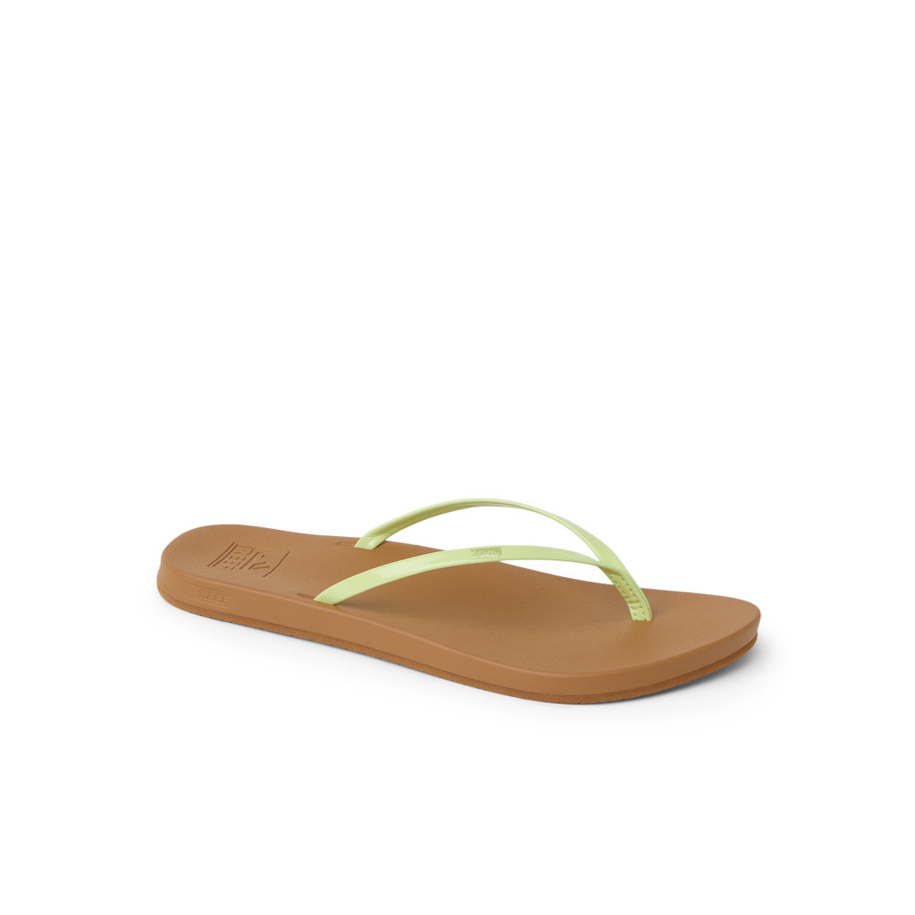 Cushion Slim women's sandal facing right, featuring lime sherbert straps and soft-rebound cushioning for beach comfort.