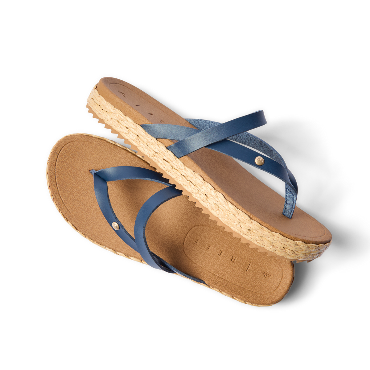 Vista Carmen women's sandals in navy and tan facing left, featuring soft-rebound cushioning and anatomical arch support.