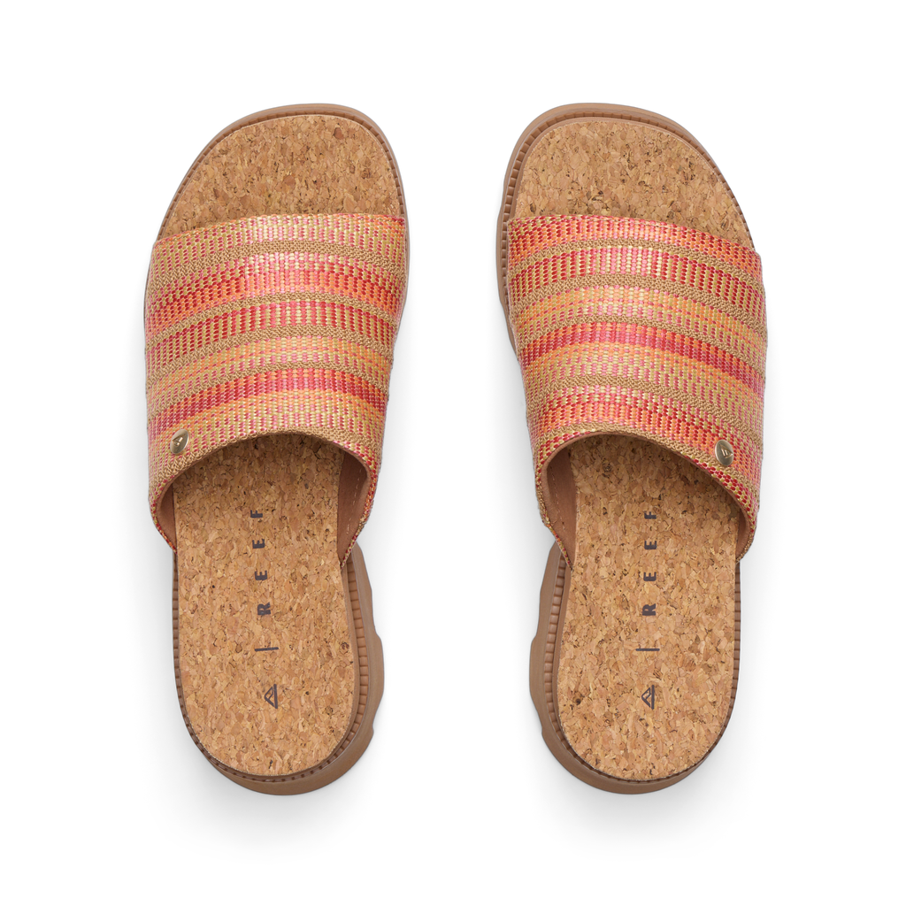 Vista Luxe Evie women's sandals top view showing slip-on front straps in multi raffia with cork footbed for beach comfort.