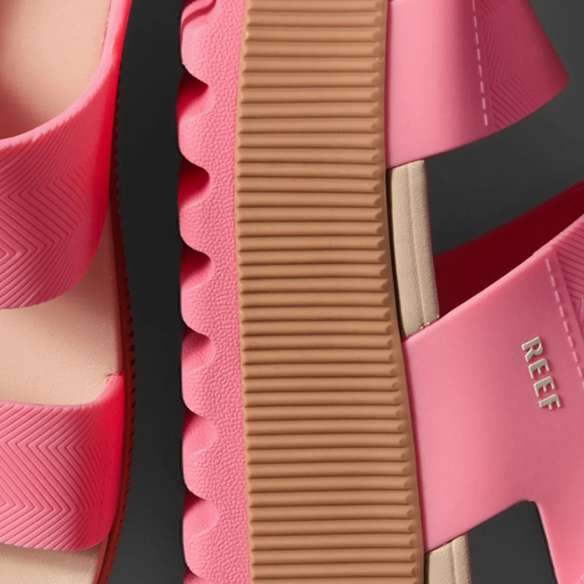 Close-up of the side and sole of pink Water Vista Higher women's sandals facing right with arch support and cushioning.