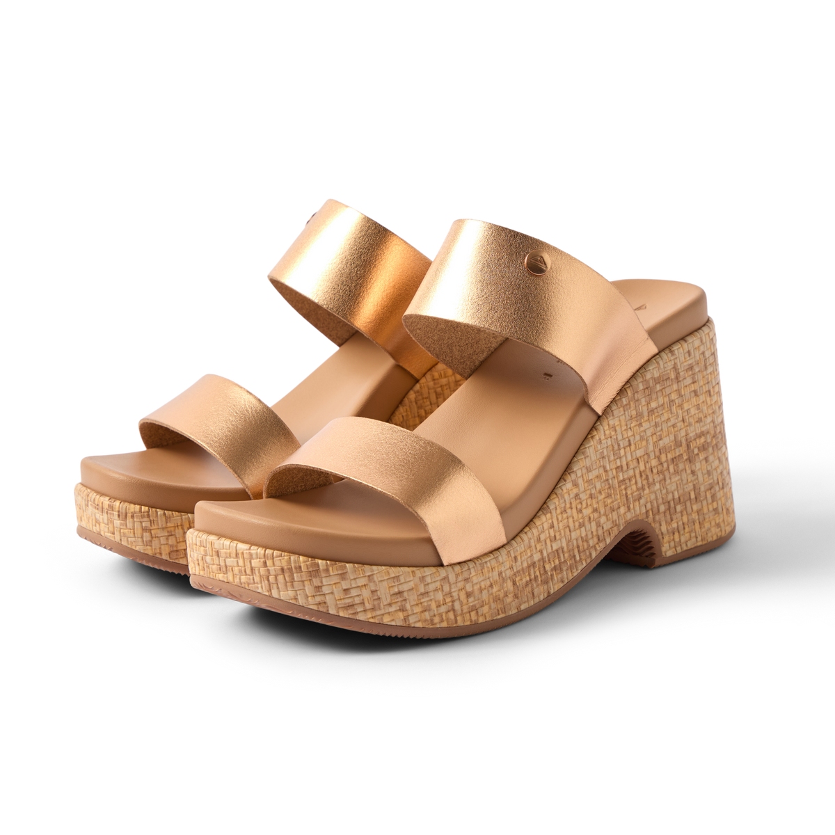 Sunset Ibiza women's sandals facing right, rose bronze straps with cushioned footbed and woven platform heel for comfort.
