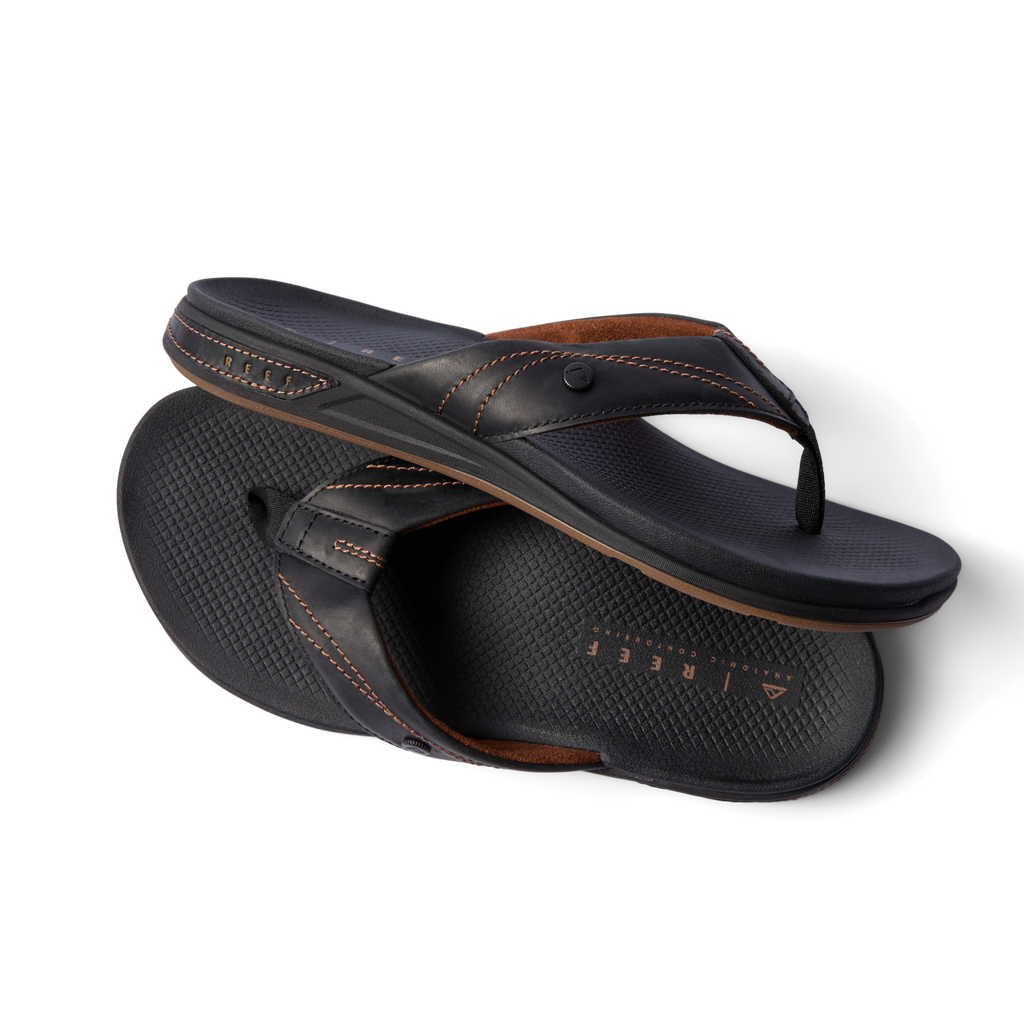 Phantom Lux men's black sandal pair with top shoe facing right, featuring anatomical arch support and soft cushioning.