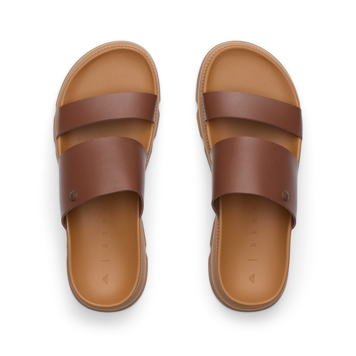 Pair of Vista Luxe Siaa brown sandals facing upward, showing soft-rebound cushioned footbeds for all-day comfort.