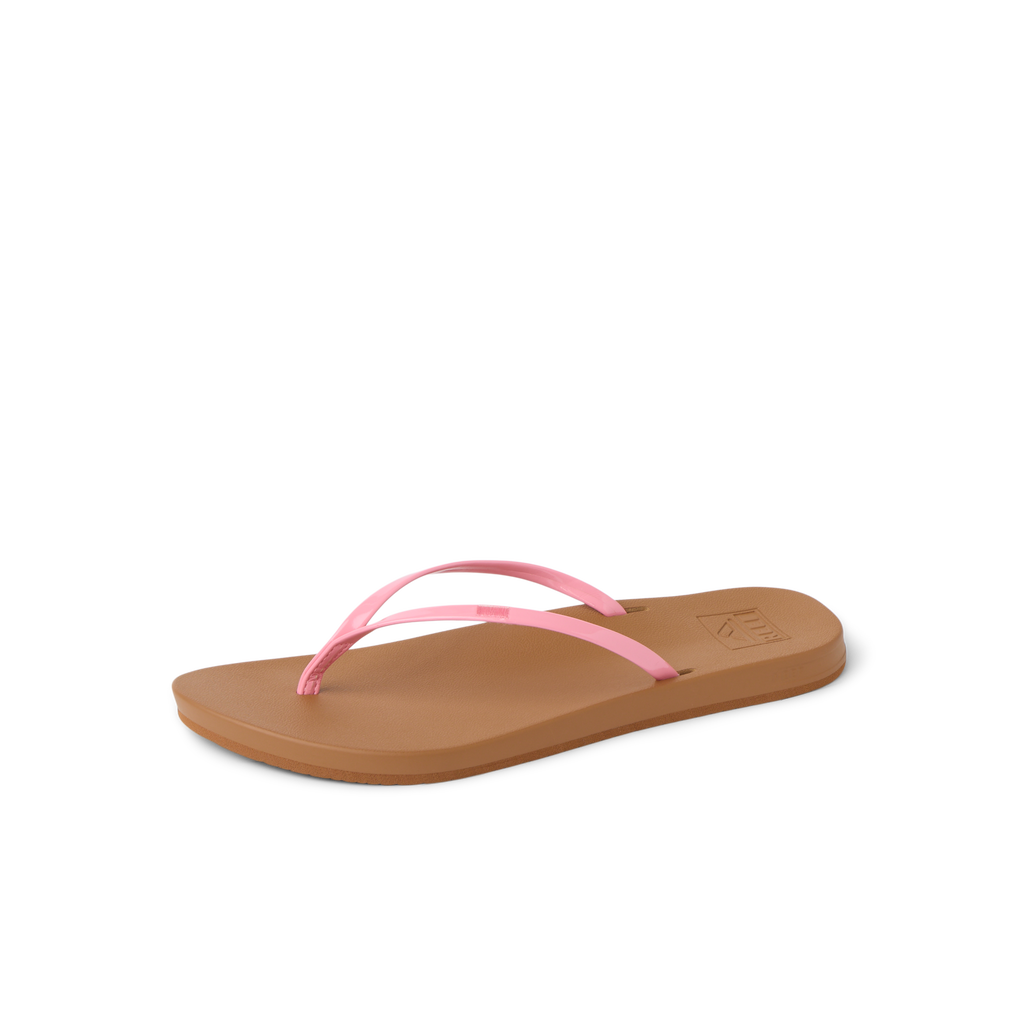 Cushion Slim women's sandal facing right with pink straps and brown cushioned footbed for beach comfort