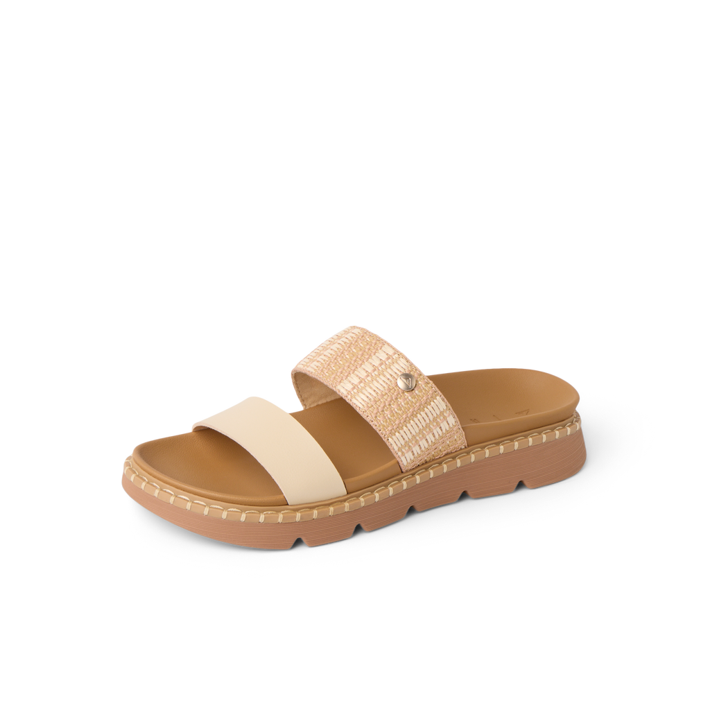 Vista Luxe Thea sandal facing left, showing front and side straps with anatomical arch support and soft cushioning.